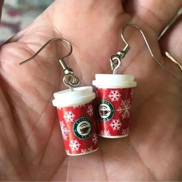 Coffee Lover’s Latte Mug Cup Handmade Snowflake Drop Earrings 1 NWT - Picture 2 of 3